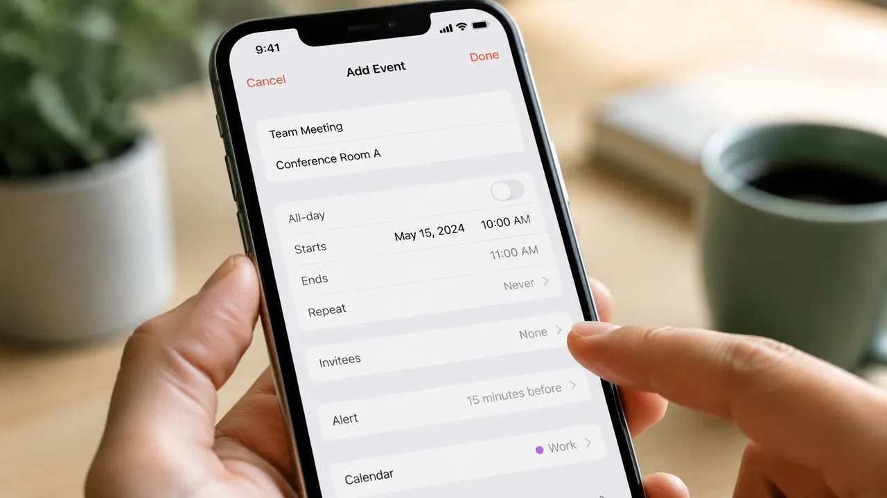 Uma visão em close de uma pessoa usando seu smartphone para adicionar um evento de calendário à sua agenda.