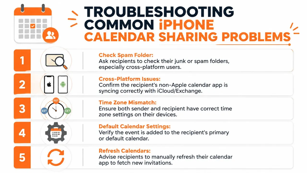 Um infográfico mostrando cinco dicas para solucionar problemas comuns de compartilhamento de calendário no iPhone para usuários e destinatários.
