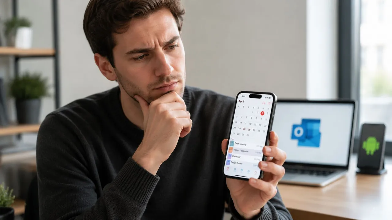 A man looking thoughtfully at a mobile phone displaying a calendar app with scheduled meetings.