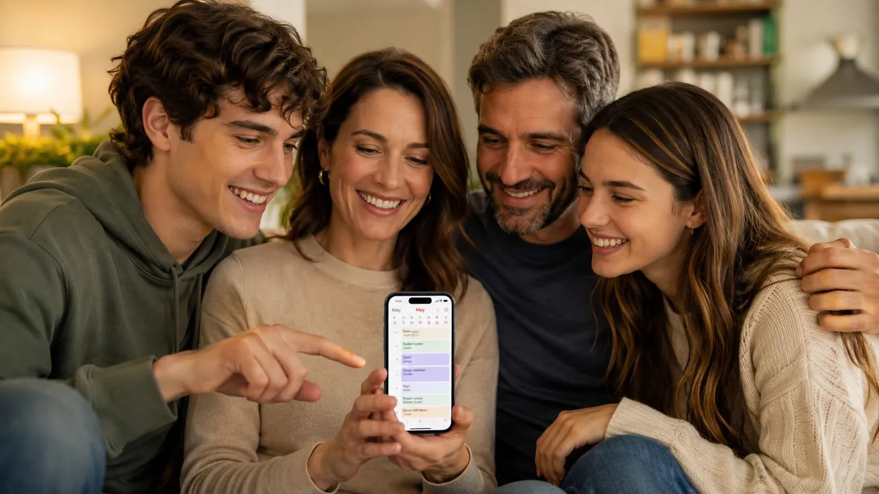 A happy family sitting together on a sofa while viewing a shared calendar on an iPhone.