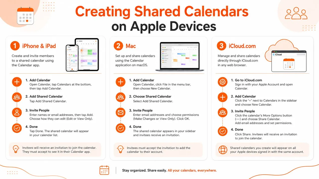 Un'infografica intitolata Creazione di Calendari Condivisi su Dispositivi Apple che mostra i passaggi per iPhone, Mac e iCloud.com.