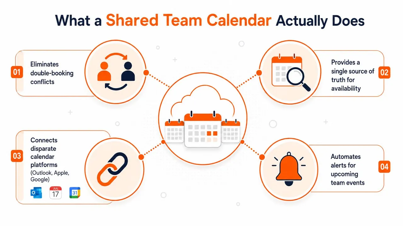 Un'infografica in quattro punti che mostra i principali vantaggi dell'utilizzo di un calendario condiviso per la produttività aziendale.