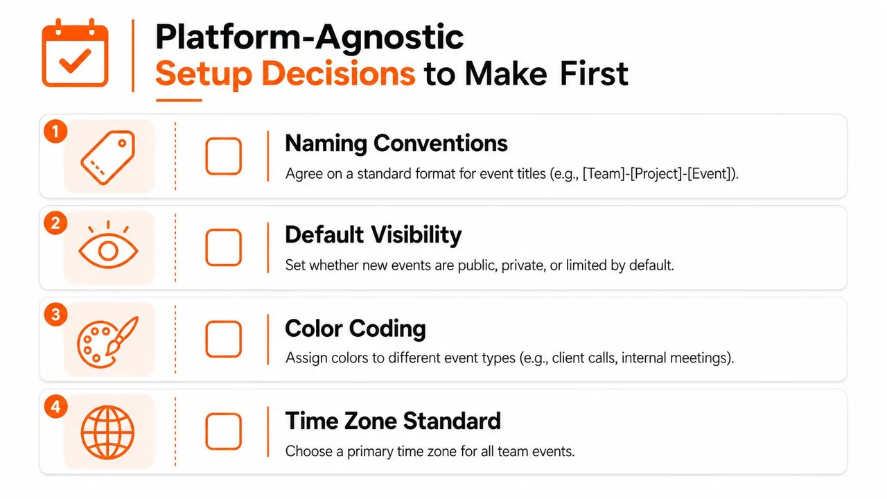 Una lista di controllo intitolata Decisioni di configurazione indipendenti dalla piattaforma che delinea quattro passaggi chiave per configurare efficacemente un sistema di calendario del team.