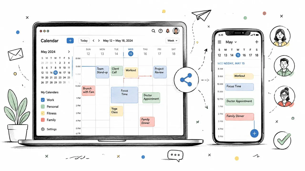 Illustration der Freigabe eines Google Calendar zwischen einem Laptop und einem Smartphone mit mehreren Benutzern.