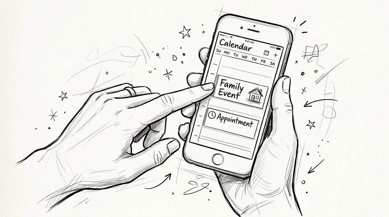 A hand holding a smartphone displaying a calendar app with scheduled family events and appointments.