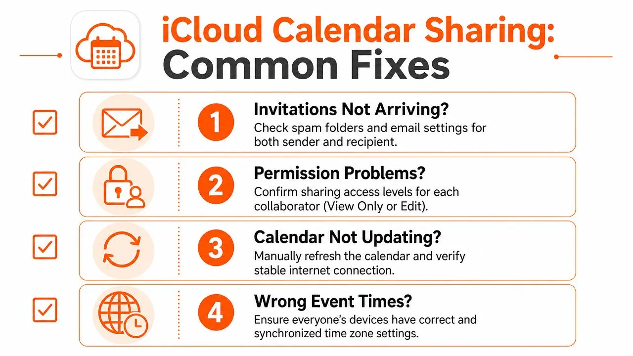 A four-point infographic showing common troubleshooting tips for resolving iCloud calendar sharing issues on Apple devices.