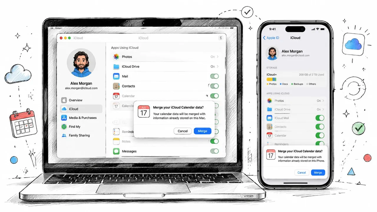 Una computadora portátil y un teléfono inteligente mostrando avisos de configuración de iCloud para fusionar datos de calendario entre dispositivos.