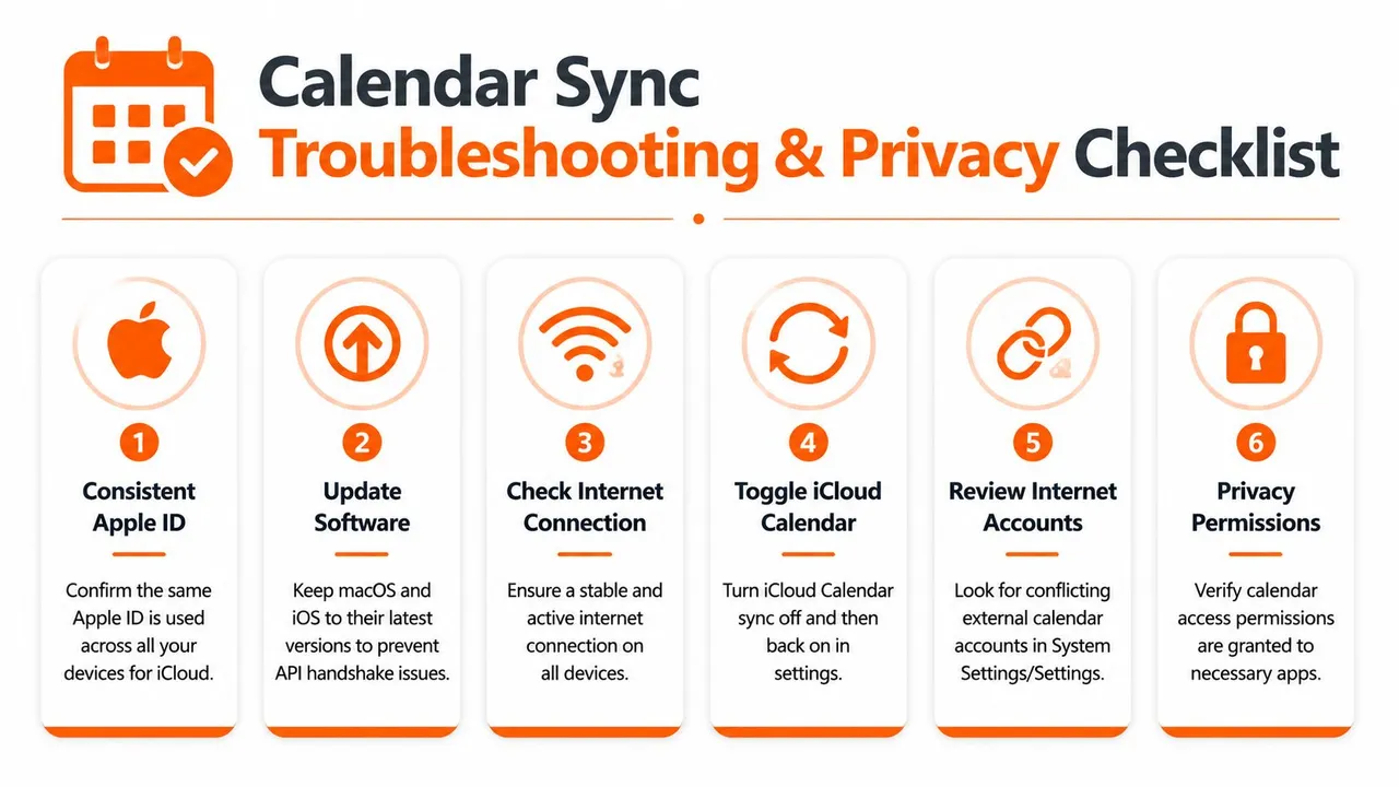 Una infografía de seis pasos para solucionar problemas de sincronización de calendario entre dispositivos Apple y comprobar los ajustes de privacidad.
