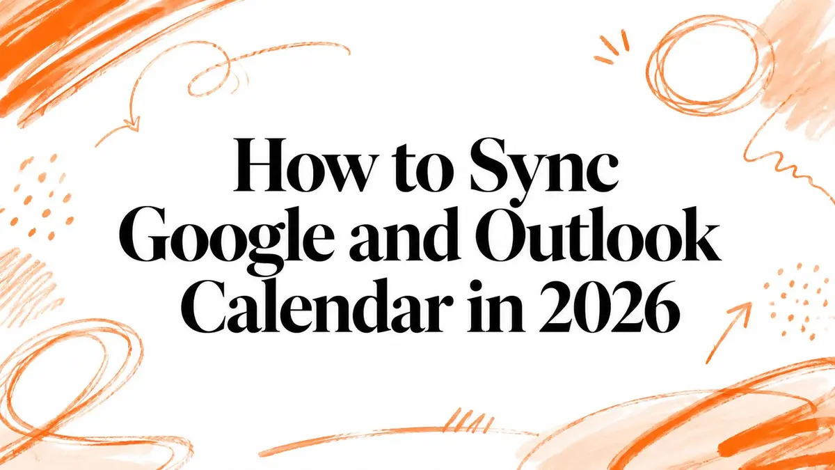 Illustration mit abstrakten orangefarbenen Kritzeleien mit dem Titel Wie man Google Calendar und Outlook 2026 synchronisiert.