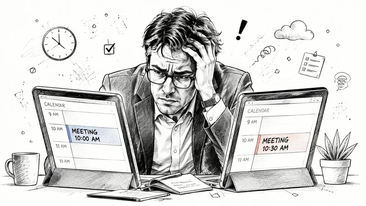 Un uomo stressato guarda due riunioni sovrapposte su schermi di computer sulla sua scrivania.