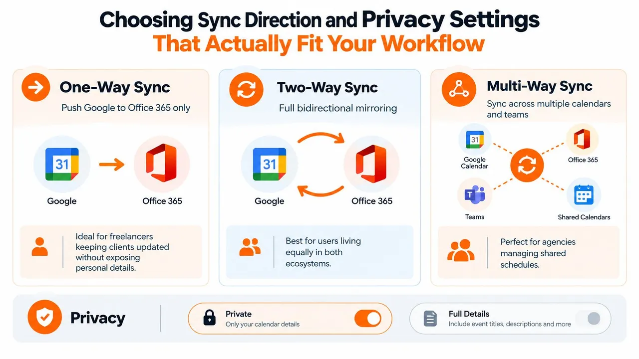 Um infográfico mostrando opções para sincronizar o Google Calendar com o Office 365, incluindo configurações unidirecionais, bidirecionais e multidirecionais.