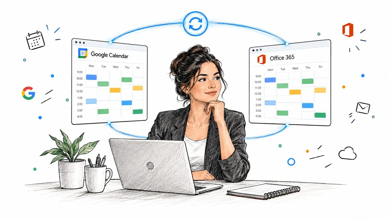 Uma mulher profissional trabalhando em uma mesa, ilustrando a sincronização entre o Google Calendar e o Office 365.