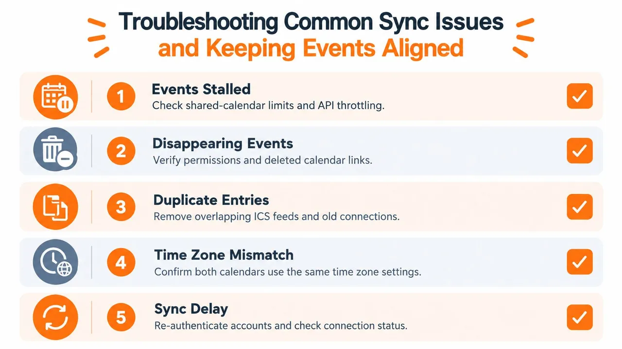 Uma lista de cinco problemas comuns de sincronização de calendário com soluções de solução de problemas para manter os eventos alinhados corretamente.