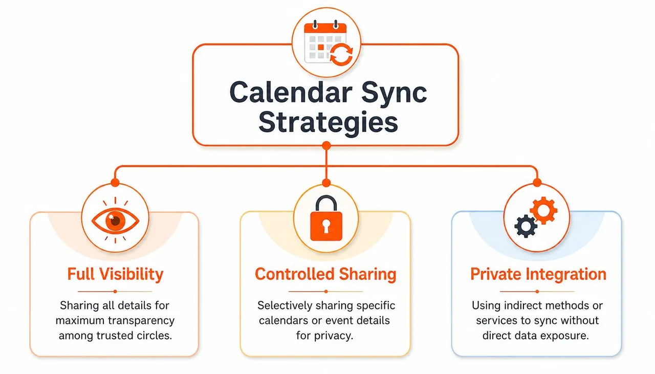 Un diagramme présentant trois stratégies de synchronisation de calendrier : Visibilité complète, Partage contrôlé et Intégration privée avec des icônes.