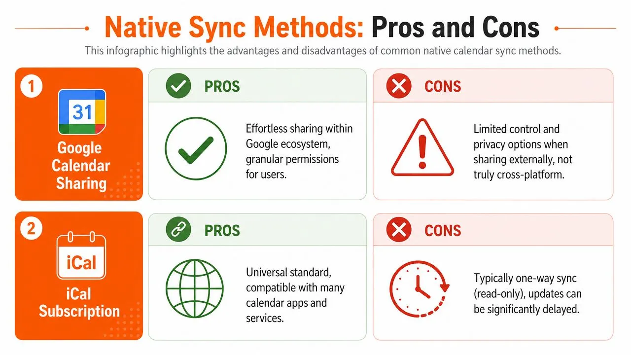 Une infographie comparant les avantages et les inconvénients des méthodes de partage de Google Calendar et de synchronisation par abonnement iCal.