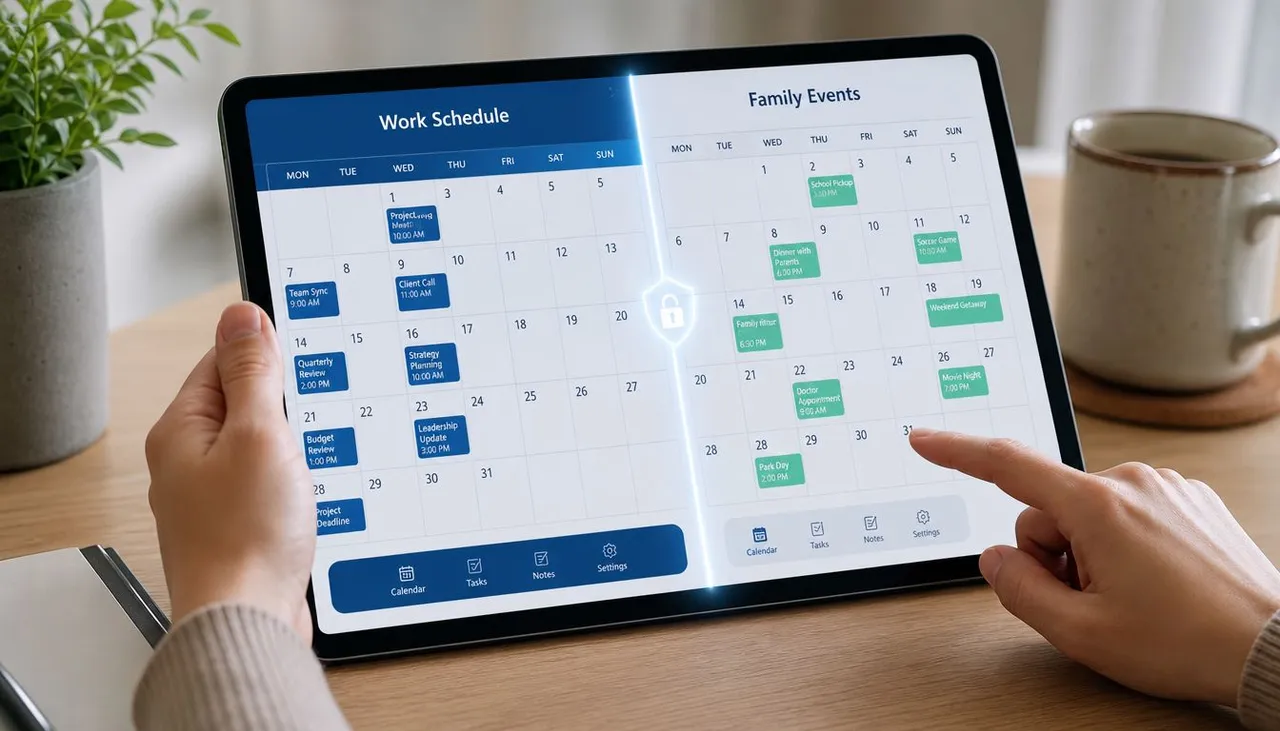 Une personne tient une tablette affichant des calendriers côte à côte pour le travail et les événements familiaux dans une interface numérique.