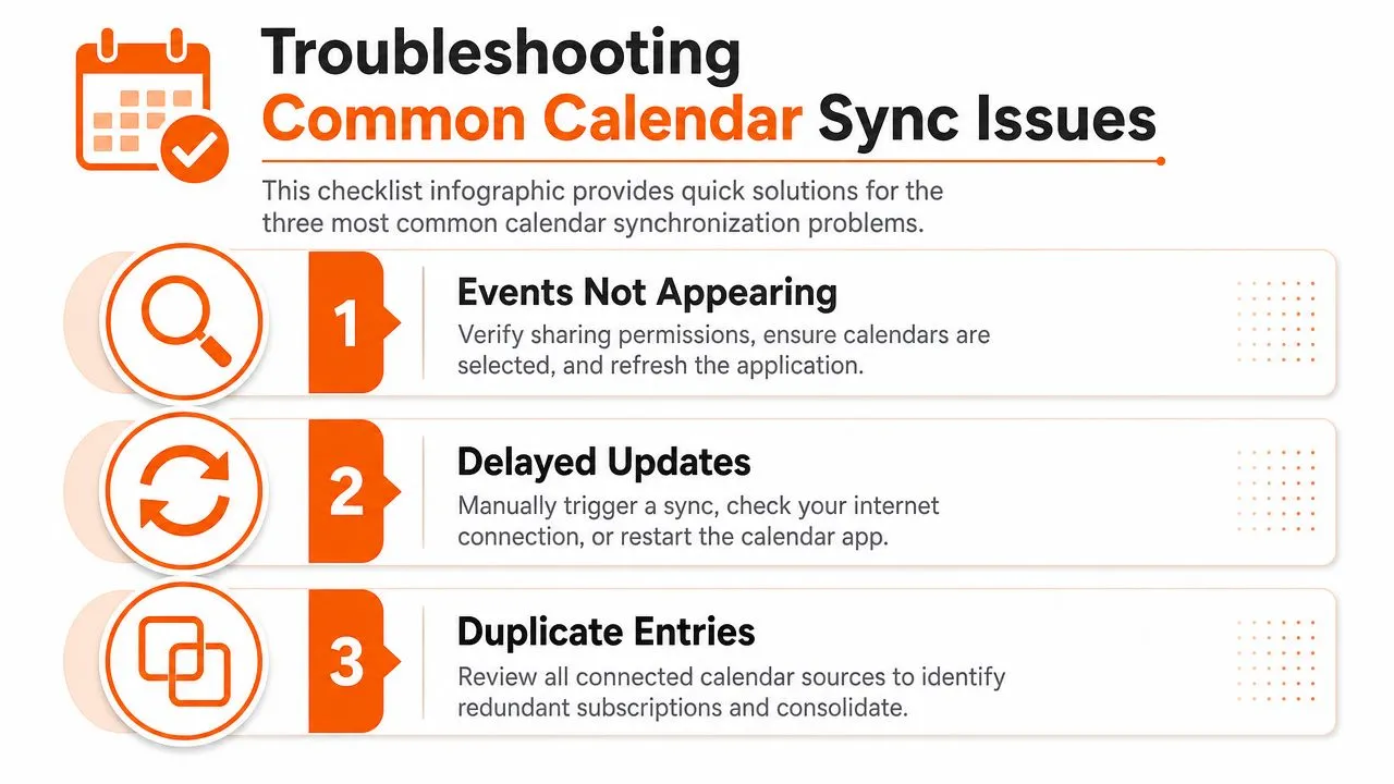 Une infographie intitulée Dépannage des problèmes courants de synchronisation de calendrier fournissant des solutions pour les événements, les retards et les entrées en double.