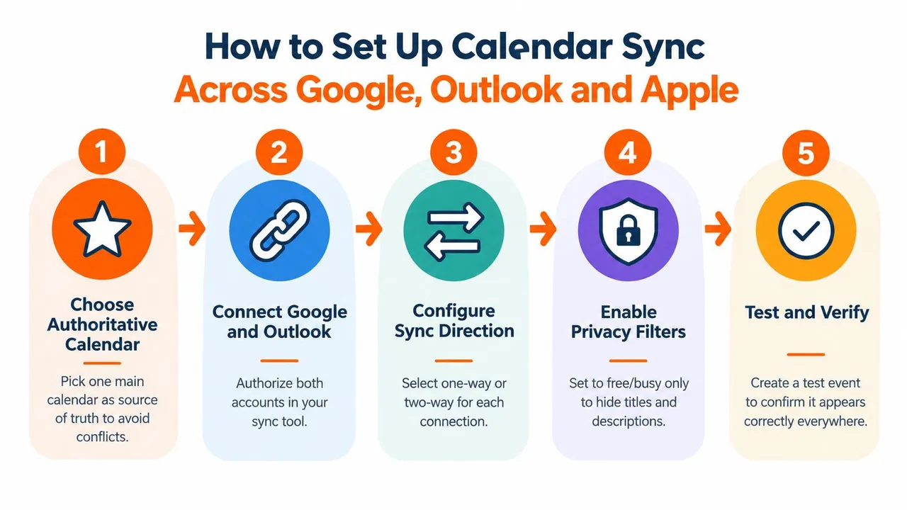 Google、Outlook、Appleアカウント間でカレンダー同期を設定する方法を示す5ステップのインフォグラフィック。