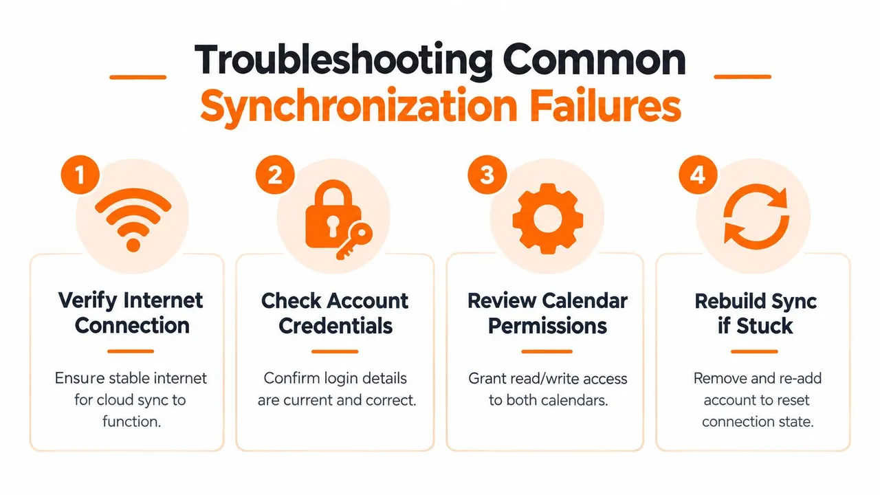 A four-step infographic illustrating common troubleshooting tips for resolving calendar synchronization failures and connection issues.