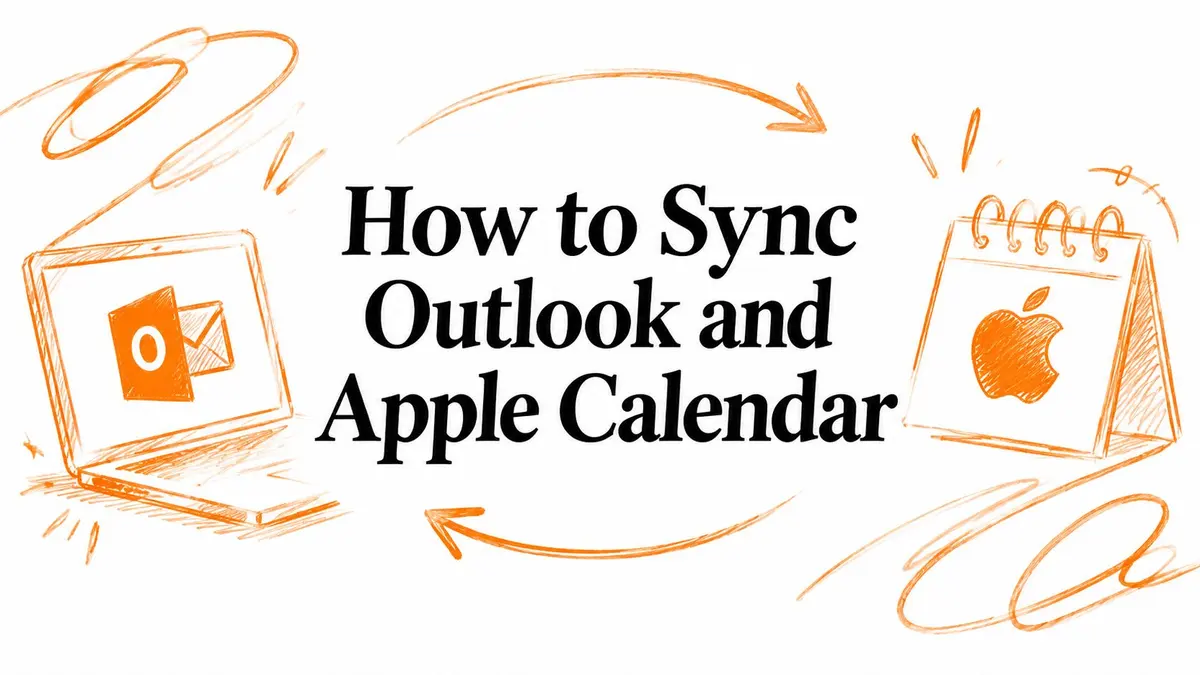 Illustration showing a laptop with the Outlook logo and a desk calendar with the Apple logo connected by arrows.