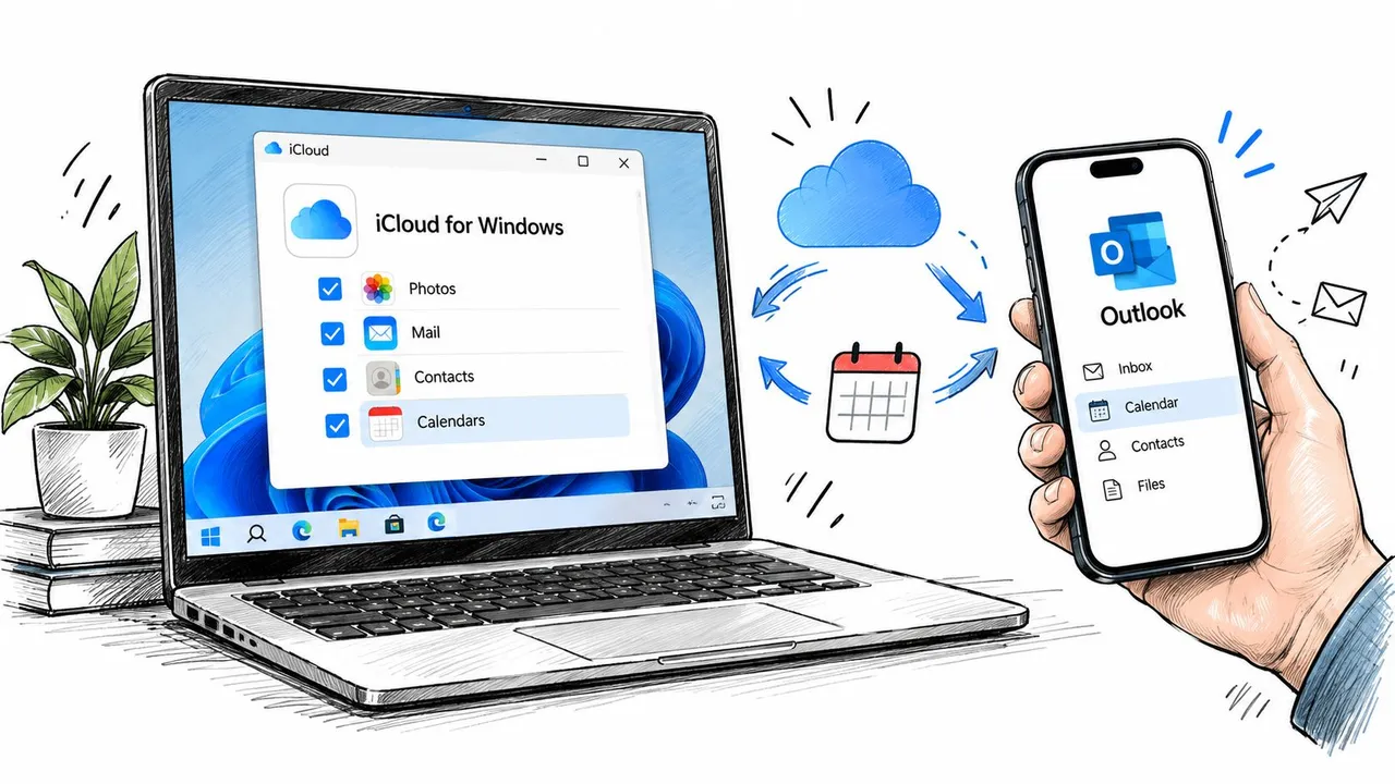 Illustration of iCloud for Windows syncing calendars with the Outlook mobile app.