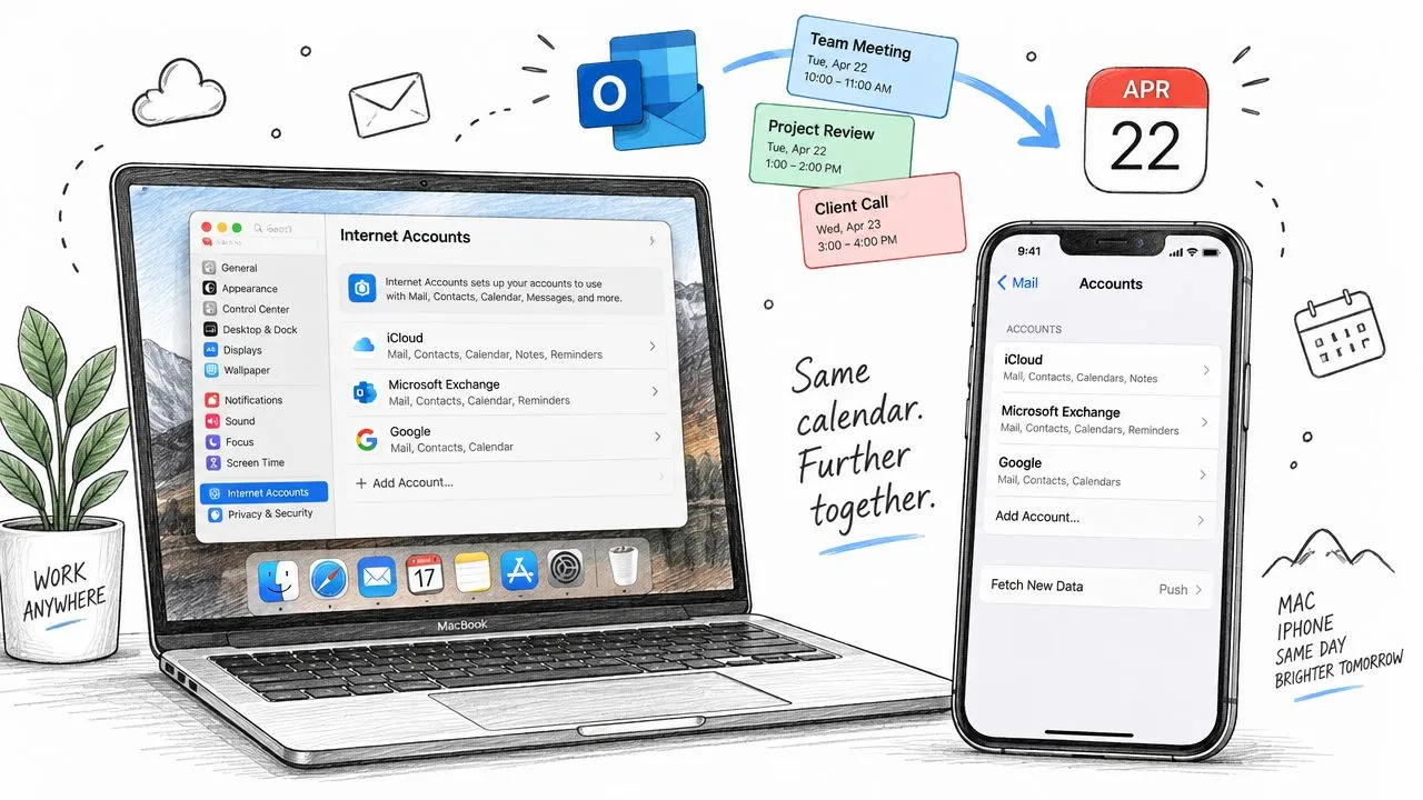 Illustration showing Microsoft Outlook events syncing to Apple Calendar via Microsoft Exchange on Mac and iPhone.