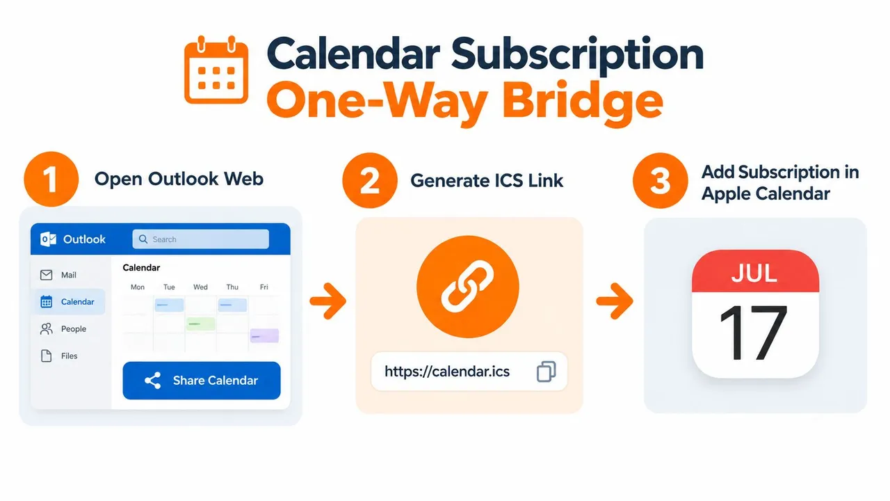 A simple three-step infographic showing how to sync an Outlook calendar to an Apple calendar.