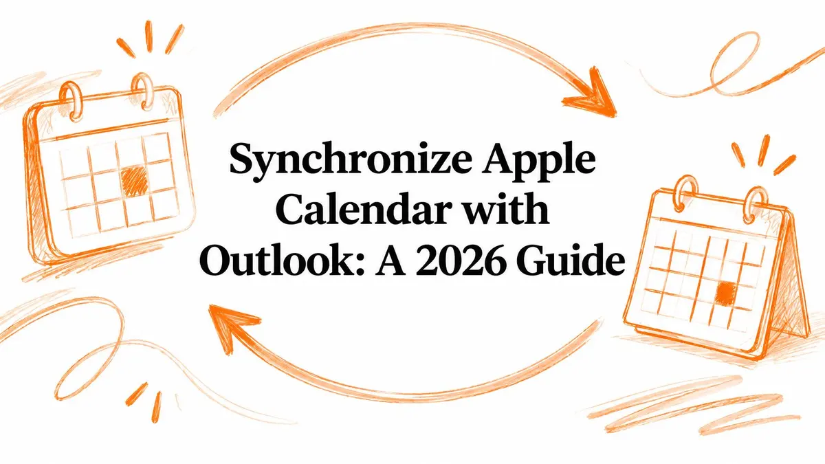 Ilustración que muestra dos calendarios conectados por flechas circulares para sincronizar Apple Calendar y Outlook.