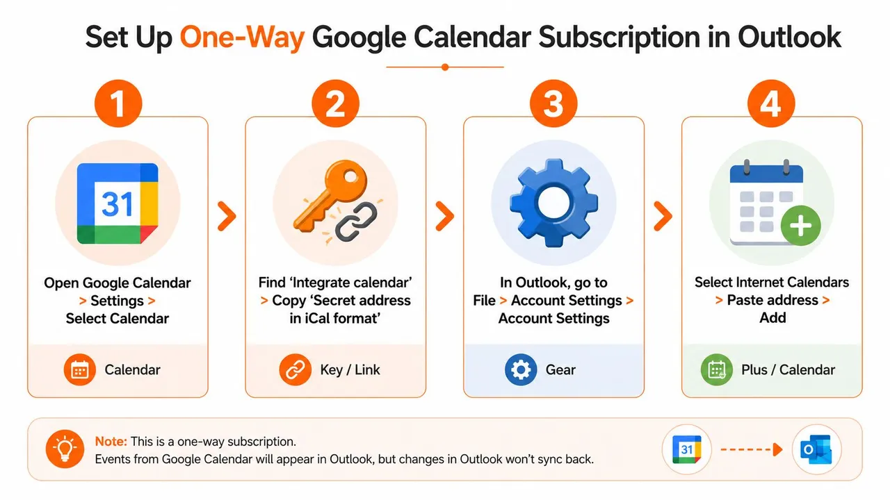 A four-step infographic showing how to set up a one-way subscription from Google Calendar to Outlook.