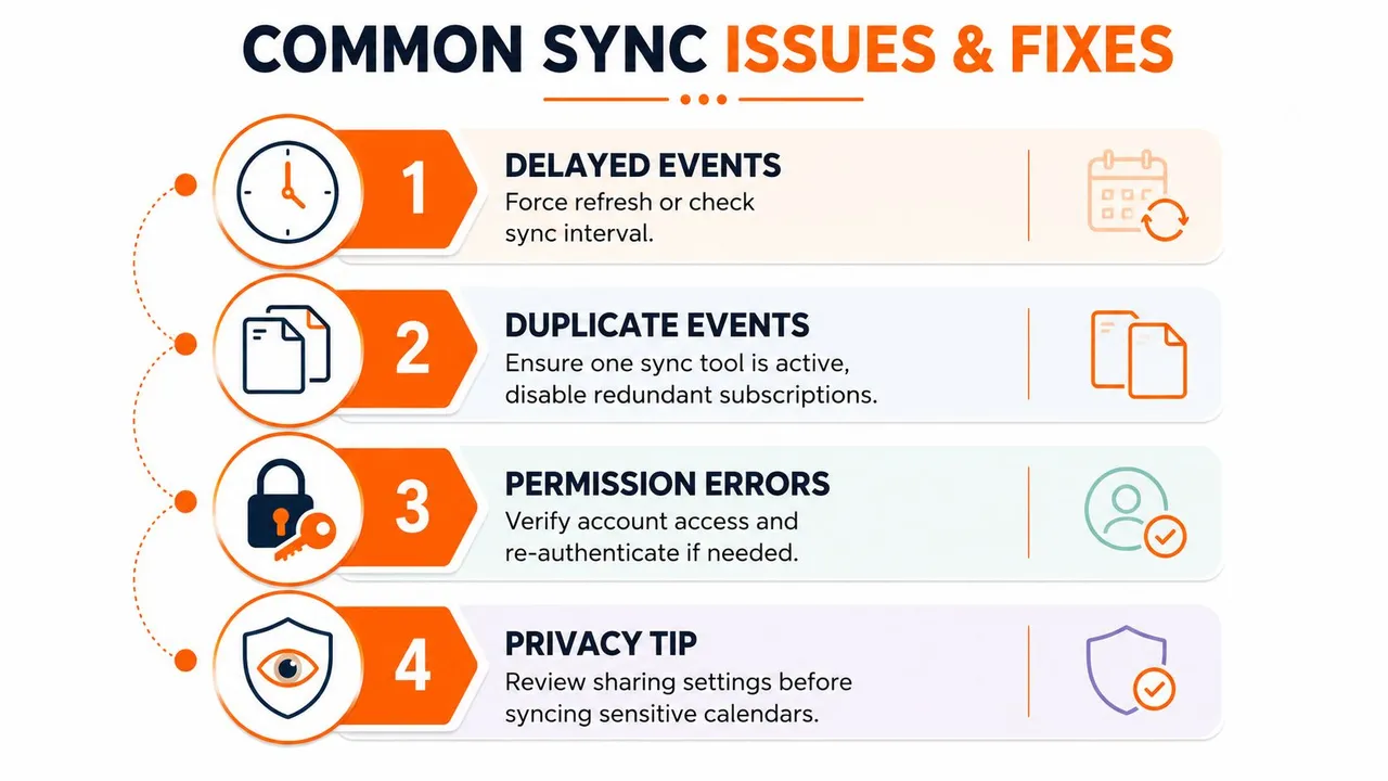 A four-step infographic illustrating common calendar synchronization issues and their corresponding solutions for users.