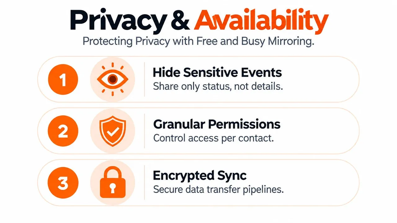 Um infográfico mostrando três recursos de segurança para privacidade de calendário: Ocultar Eventos Sensíveis, Permissões Granulares e Sincronização Criptografada.