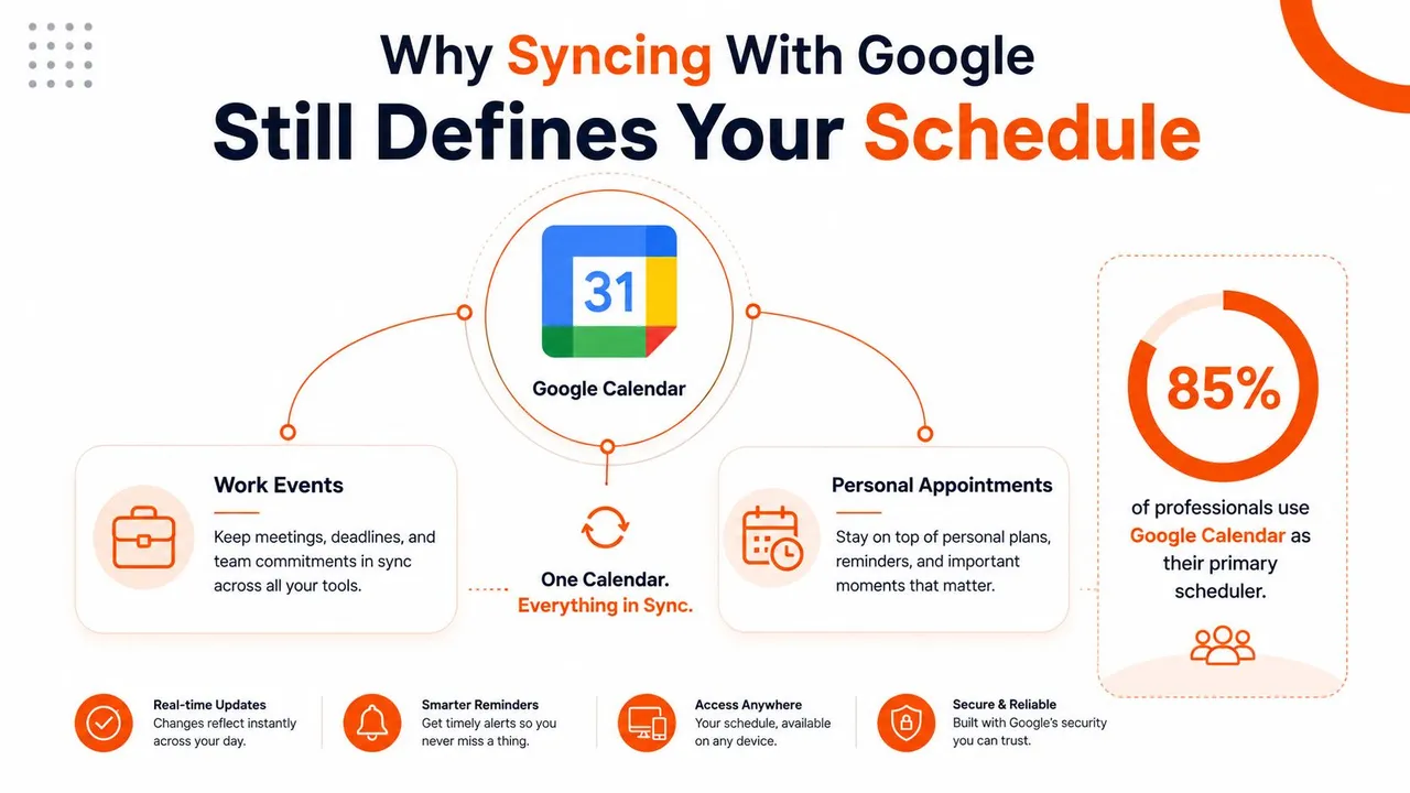 Una infografía titulada Por qué la sincronización con Google sigue definiendo su agenda, destacando los beneficios organizativos de Google Calendar.
