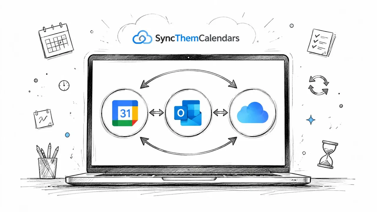 Una ilustración digital de un portátil que muestra iconos de Google Calendar, Outlook y servicios en la nube sincronizándose juntos.