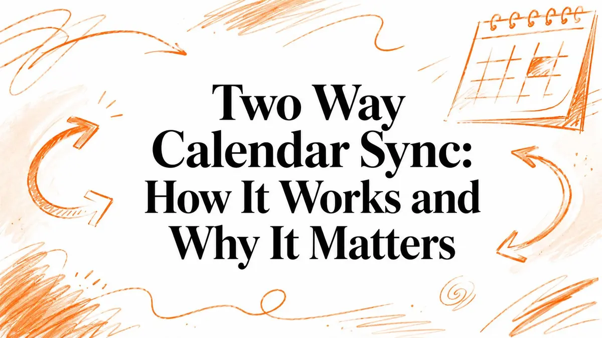 Illustration featuring the text Two Way Calendar Sync: How It Works and Why It Matters with hand-drawn arrows.