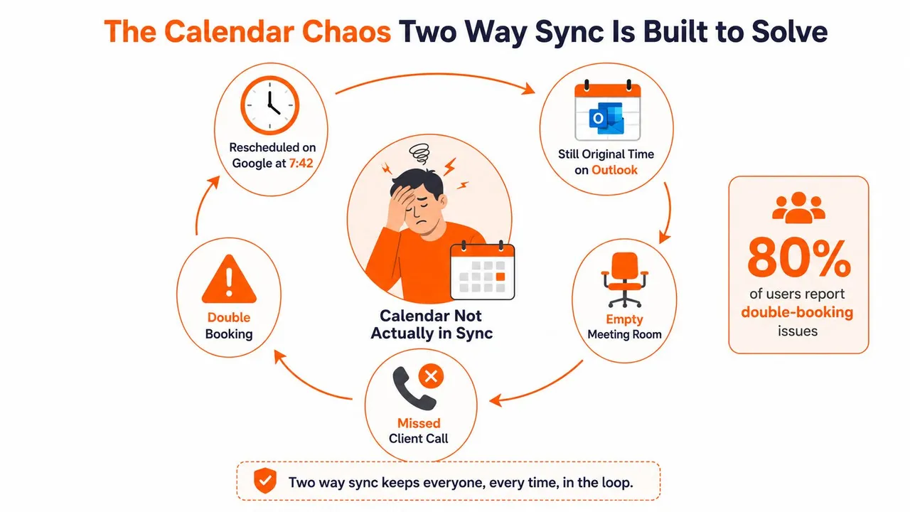 A diagram illustrating the chaos of unsynced calendars leading to double bookings and missed client meetings.