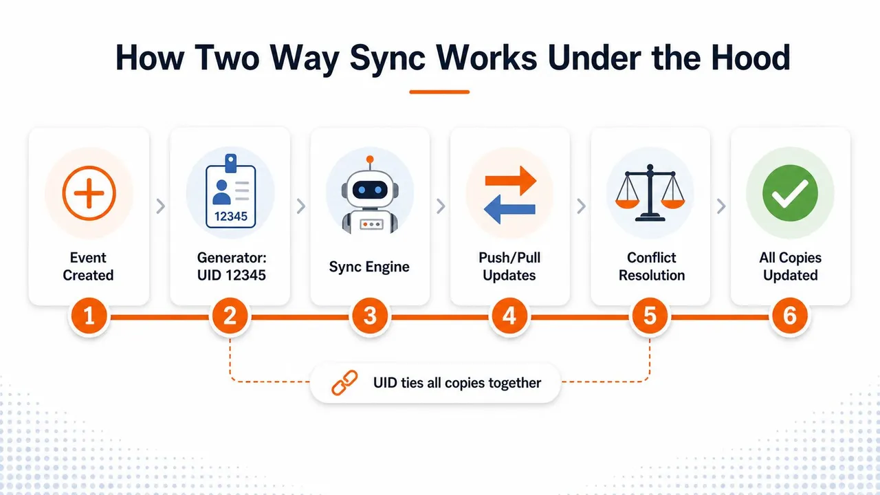 A six-step infographic explaining the technical process of how two-way calendar sync works under the hood.
