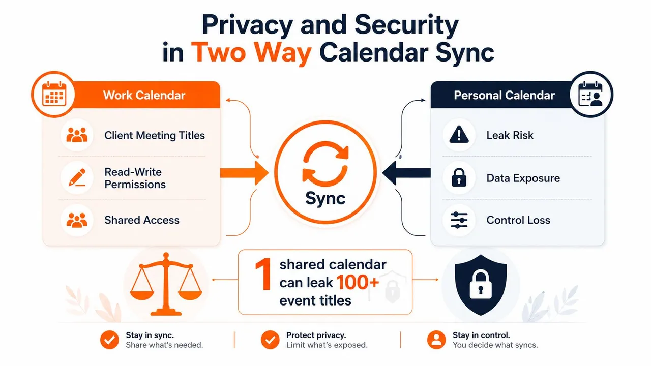 An infographic illustrating the privacy and security risks associated with two way calendar sync between work and personal calendars.