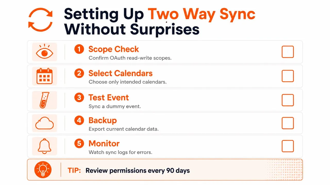 An infographic detailing five essential steps for successfully setting up a secure two way calendar sync.