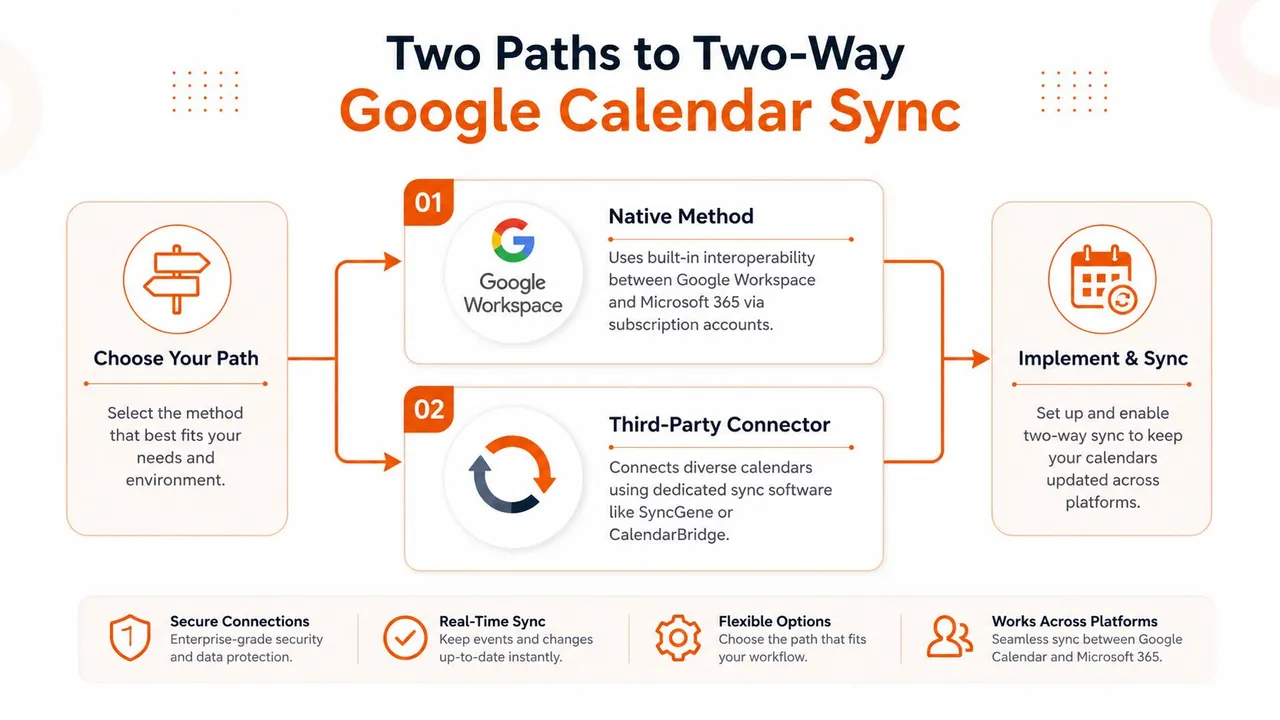 Googleカレンダーの双方向同期のための2つの方法(ネイティブ統合とサードパーティ製ソフトウェアコネクタ)を示す図。