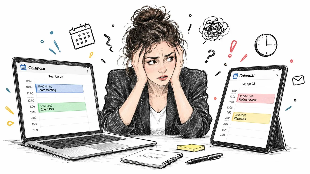 A stressed woman working at her desk with conflicting schedules on her laptop and tablet screens.